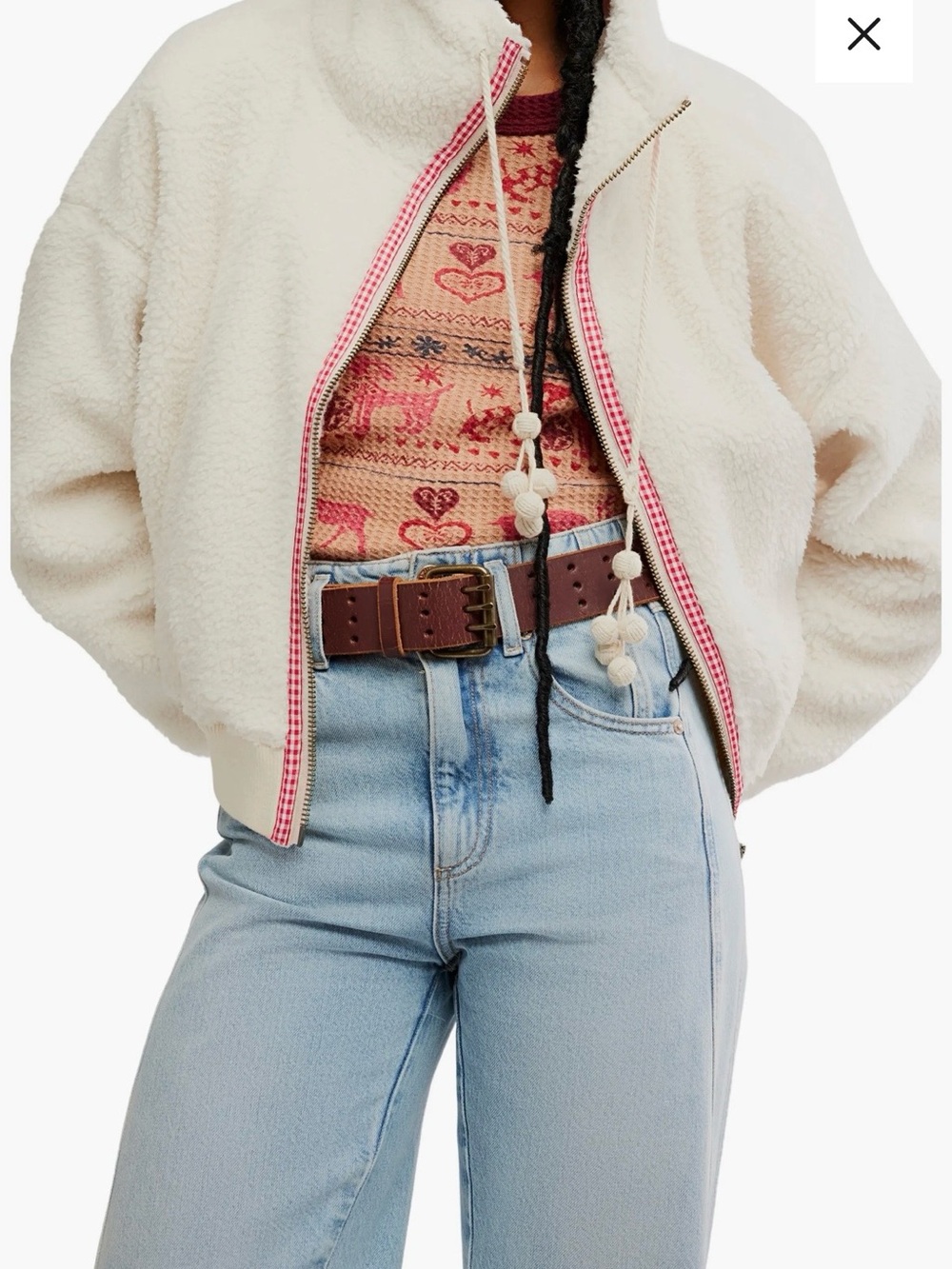 Free People Cream Sherpa Zip Jacket with Pink Trim